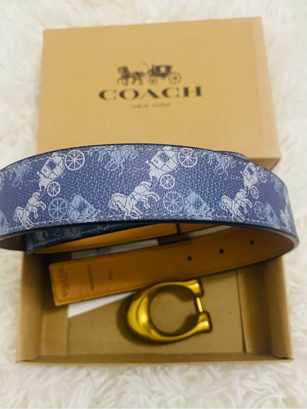 COACH Sculpted C Leather Reversible Blue/Tan Classic Horse Carriage Belt NWT⭐️
